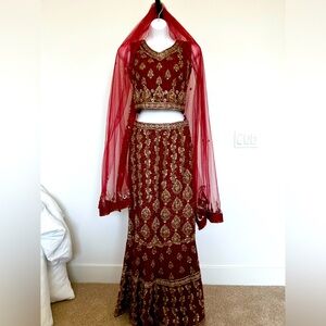 Indian Wedding Style 2-Piece Formal Gown Set - Fishtail Red & Gold